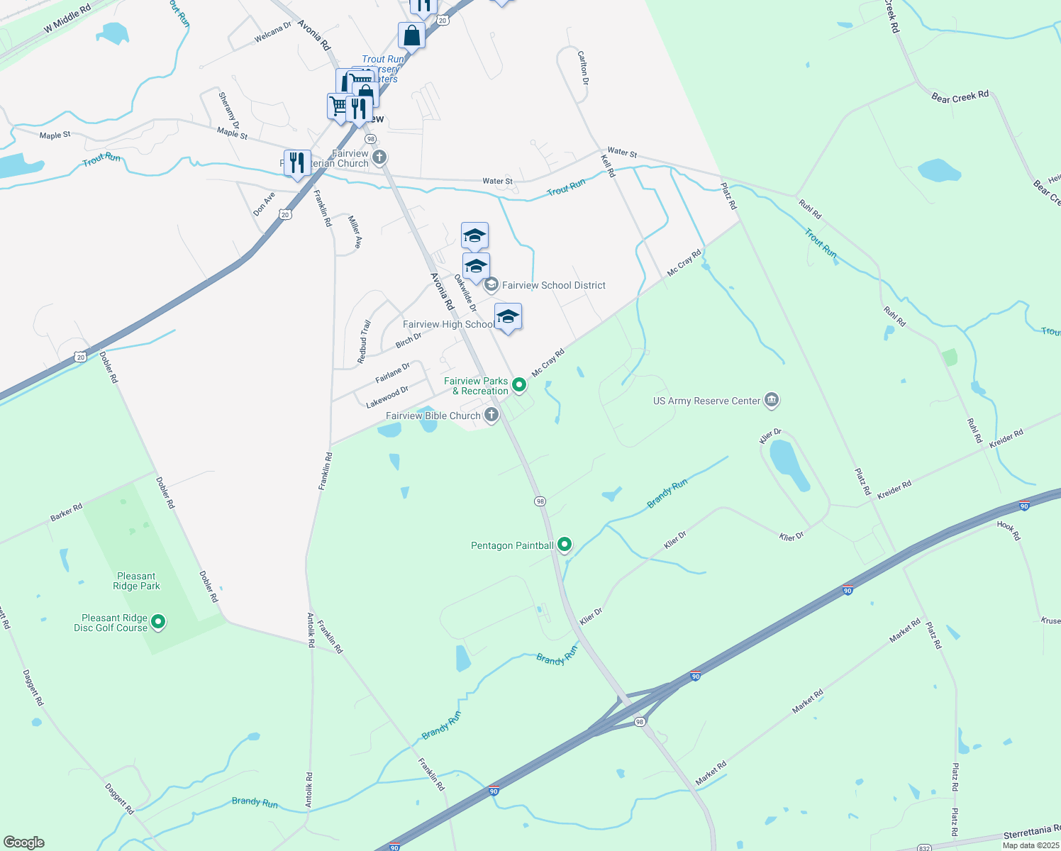 map of restaurants, bars, coffee shops, grocery stores, and more near 6201 Avonia Rd in Fairview