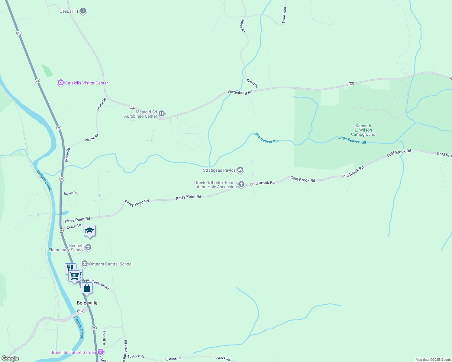 map of restaurants, bars, coffee shops, grocery stores, and more near 540 Coldbrook Road in Bearsville