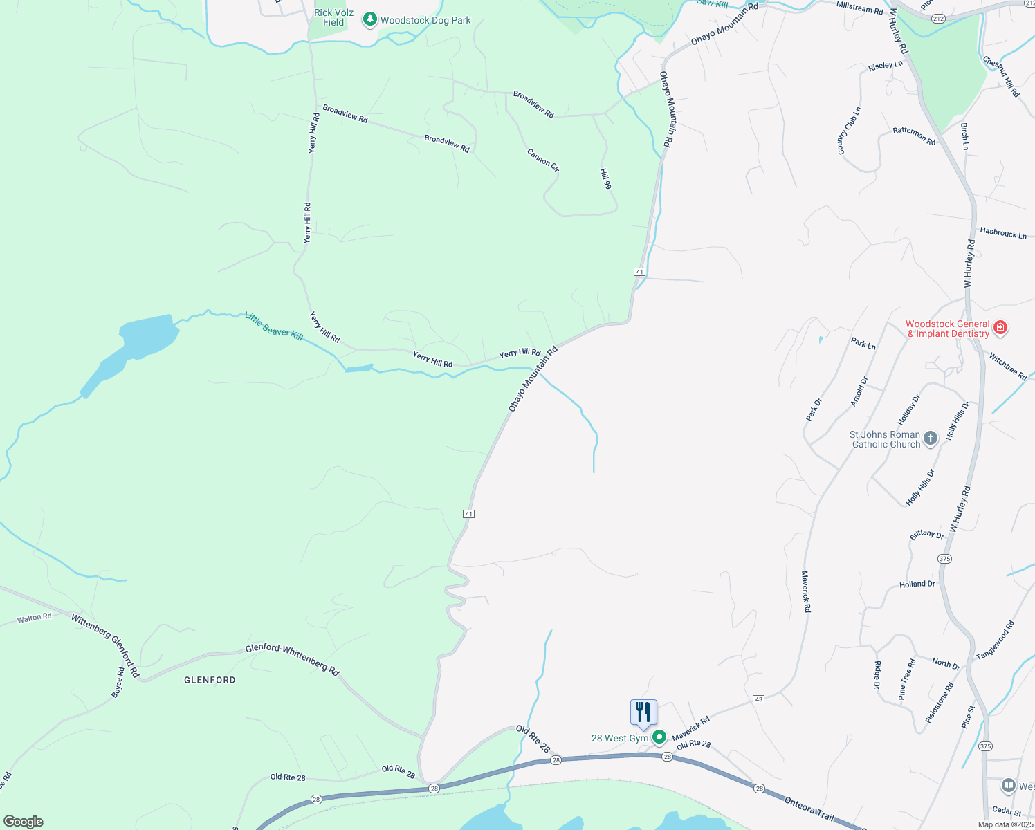 map of restaurants, bars, coffee shops, grocery stores, and more near 401 Ohayo Mountain Rd in Woodstock