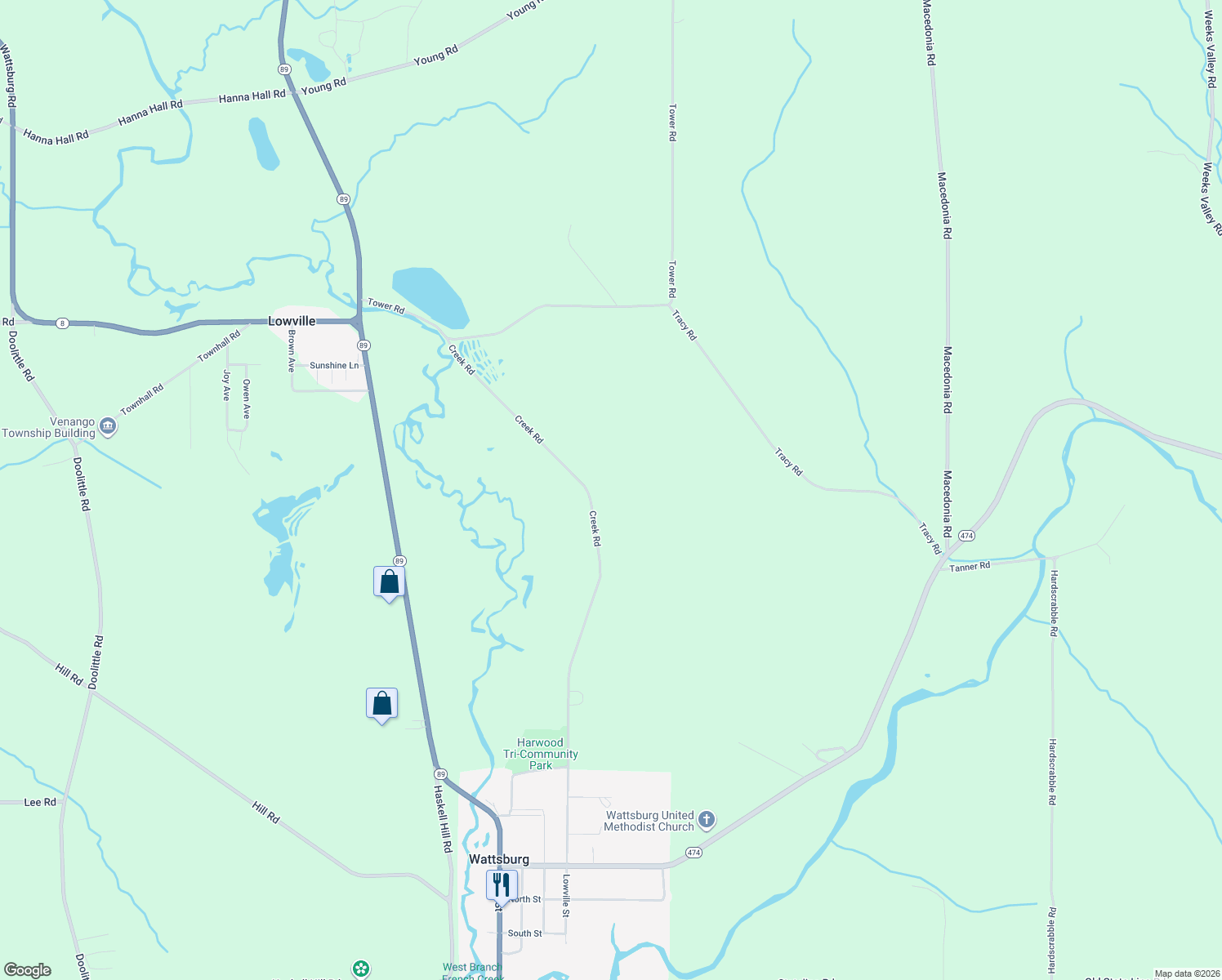 map of restaurants, bars, coffee shops, grocery stores, and more near 13955 Creek Road in Wattsburg