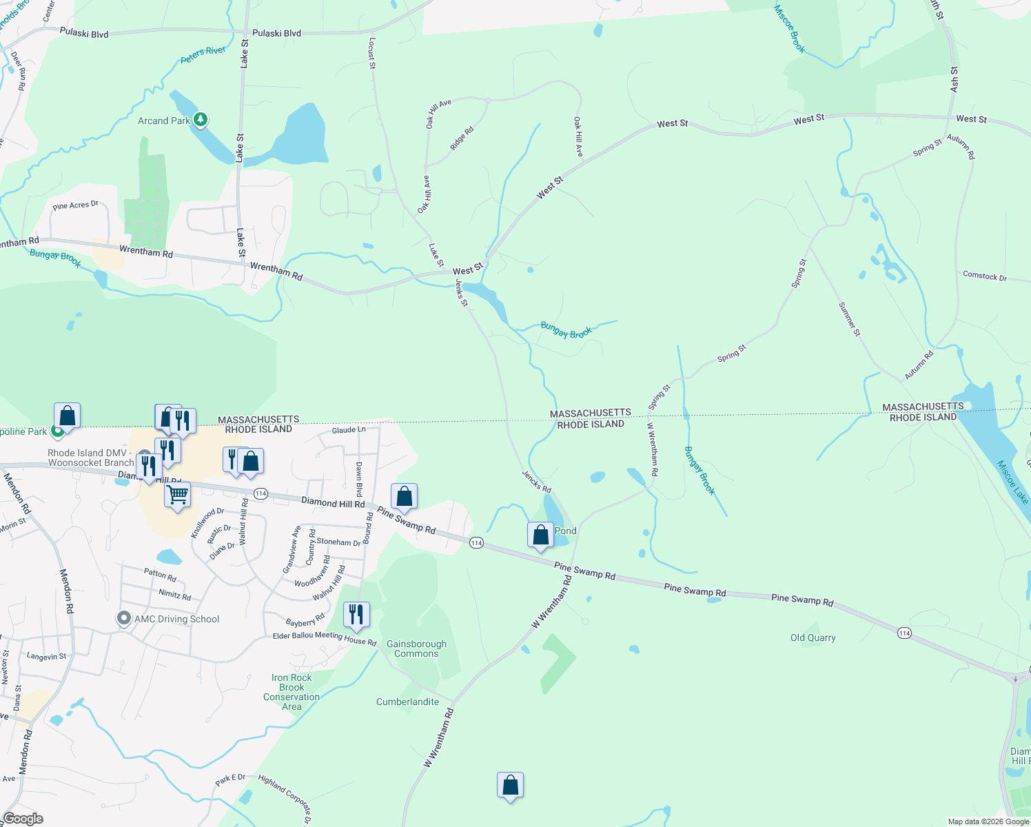 map of restaurants, bars, coffee shops, grocery stores, and more near 10 Nature View Drive in Wrentham