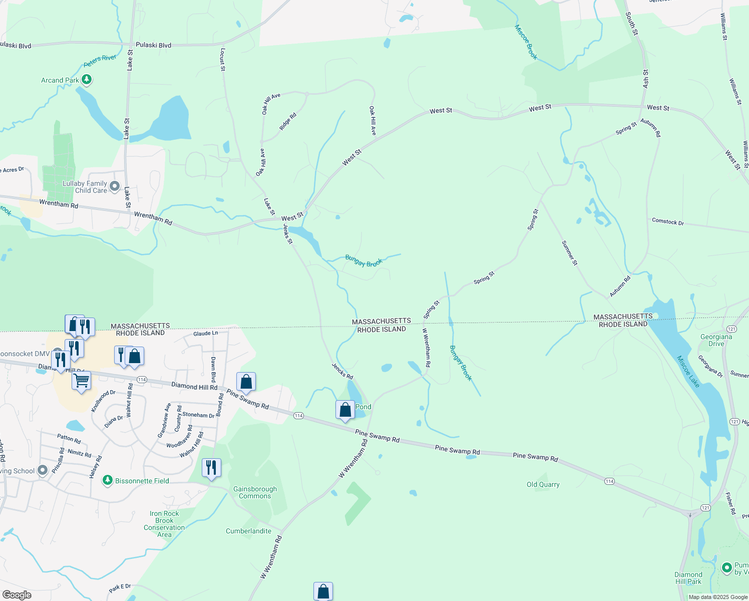 map of restaurants, bars, coffee shops, grocery stores, and more near 1 Hales Pond Lane in Wrentham