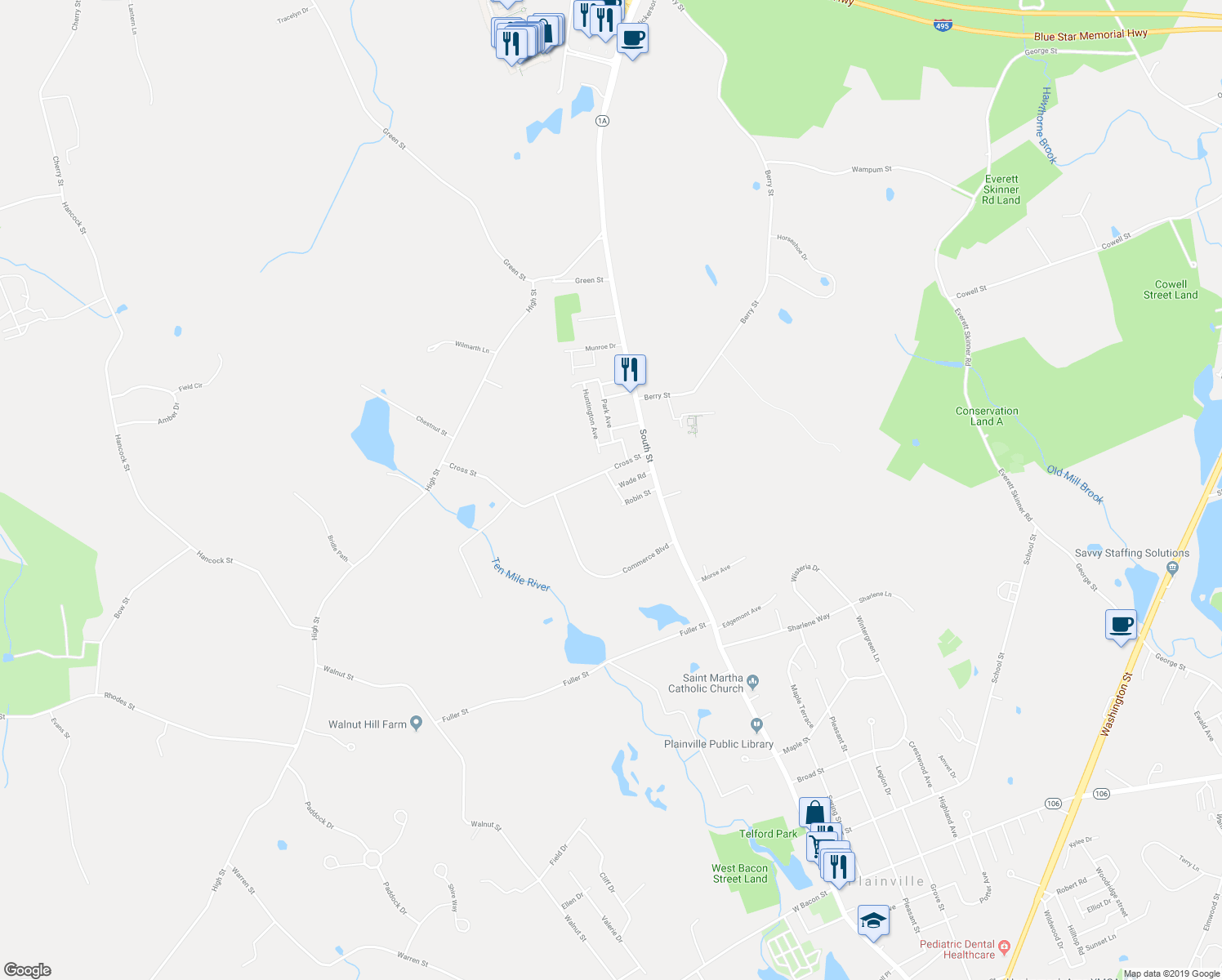 map of restaurants, bars, coffee shops, grocery stores, and more near 3 Lynn Avenue in Plainville