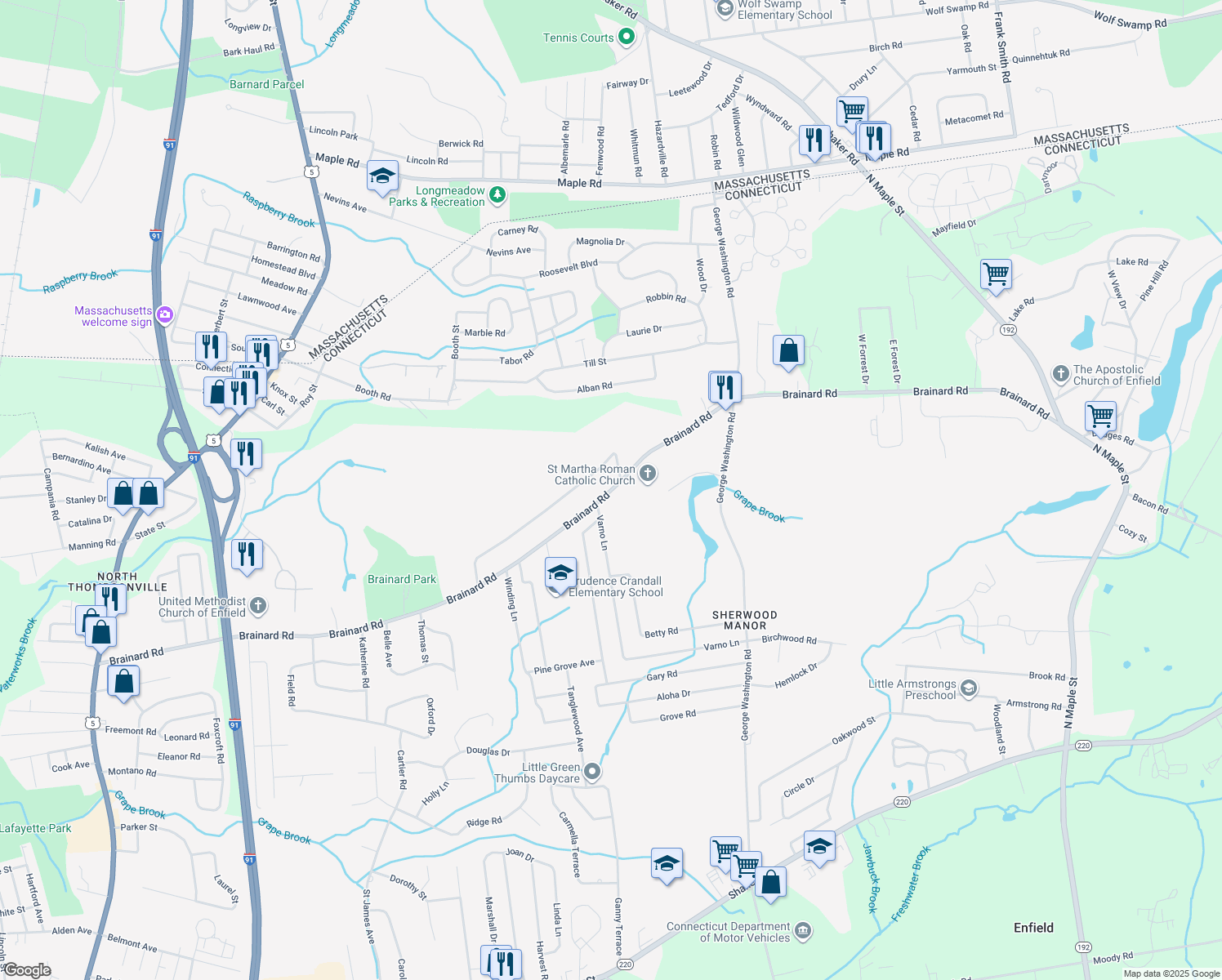 map of restaurants, bars, coffee shops, grocery stores, and more near 199 Brainard Rd in Enfield