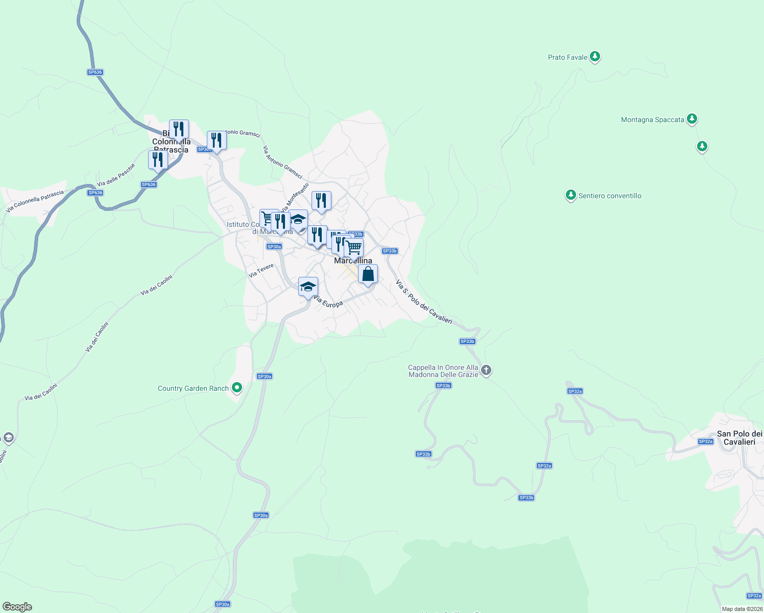 map of restaurants, bars, coffee shops, grocery stores, and more near 15 Via Giuseppe Verdi in Marcellina