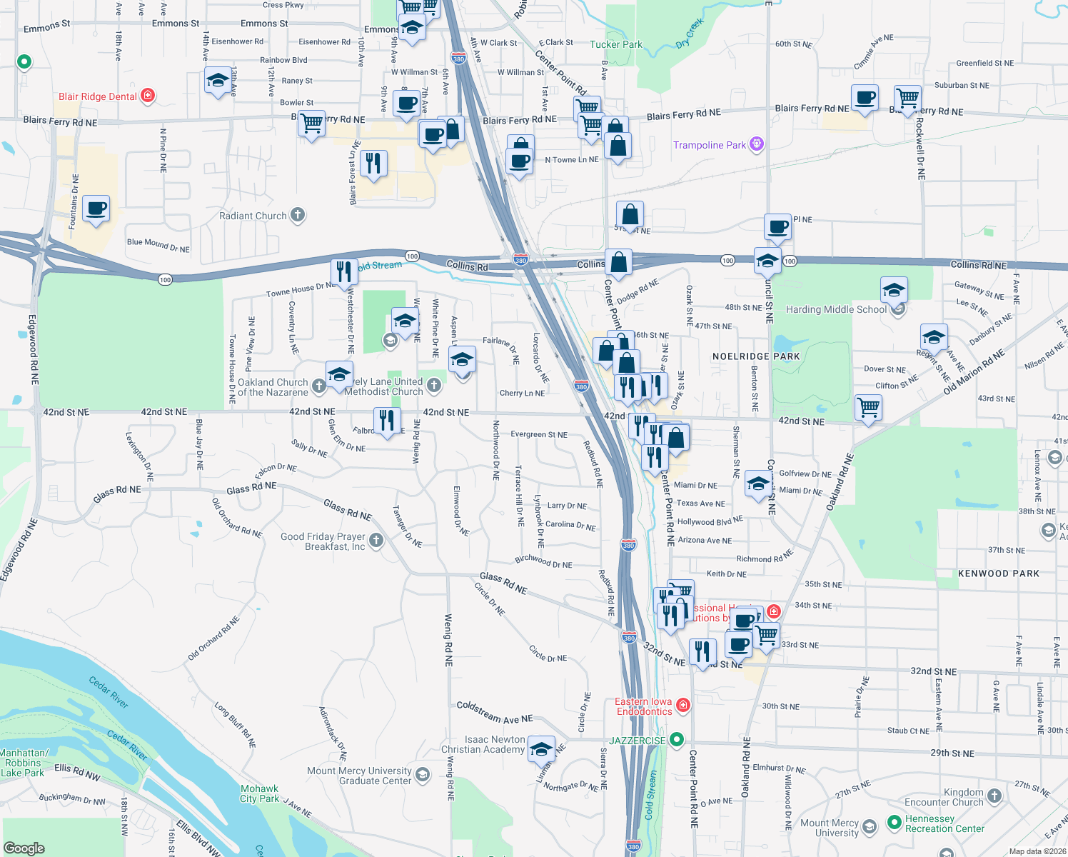 map of restaurants, bars, coffee shops, grocery stores, and more near 2158 Evergreen St NE in Cedar Rapids