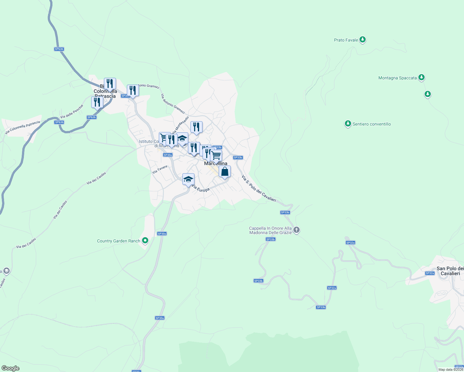 map of restaurants, bars, coffee shops, grocery stores, and more near 15 Via Giuseppe Verdi in Marcellina