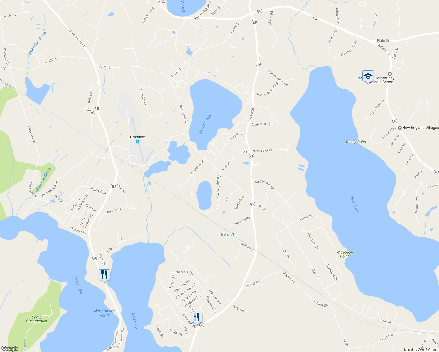 map of restaurants, bars, coffee shops, grocery stores, and more near 23 Crystal Lake Road in Halifax