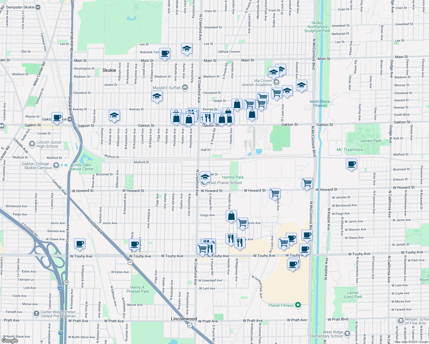 map of restaurants, bars, coffee shops, grocery stores, and more near 3860 Brummel Street in Skokie
