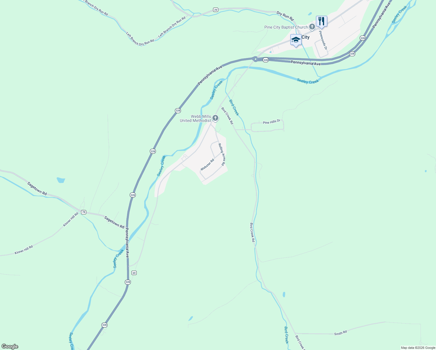 map of restaurants, bars, coffee shops, grocery stores, and more near 81 Rolling Acres Road in Pine City