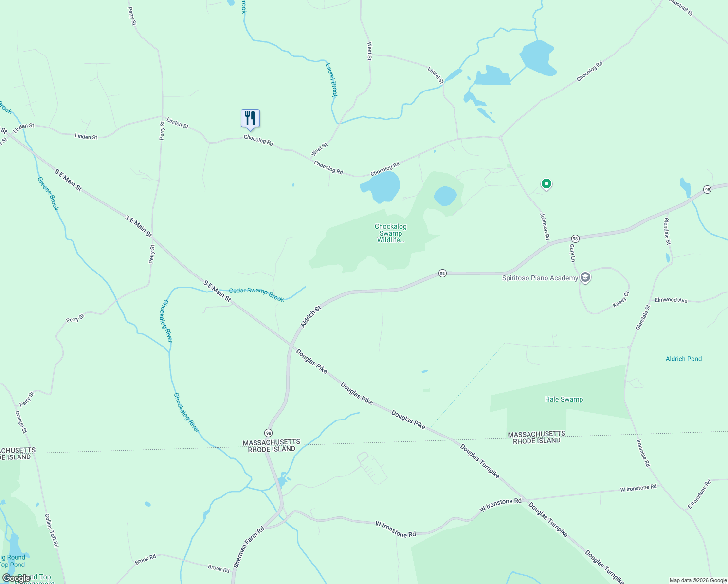 map of restaurants, bars, coffee shops, grocery stores, and more near 791 Aldrich Street in Uxbridge