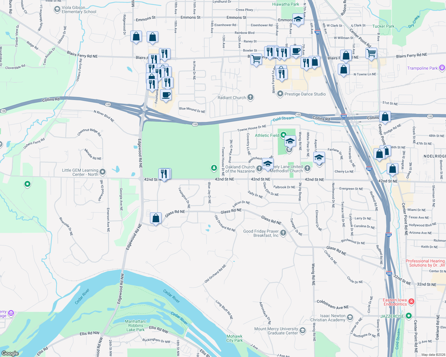 map of restaurants, bars, coffee shops, grocery stores, and more near 3499 Towne House Dr NE in Cedar Rapids
