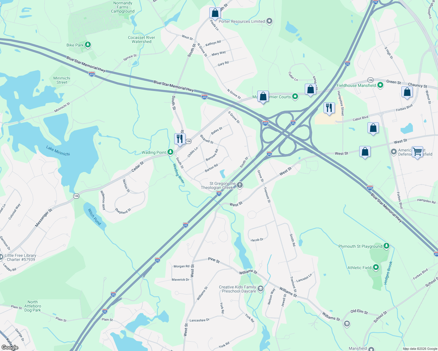 map of restaurants, bars, coffee shops, grocery stores, and more near 55 South Street in Mansfield