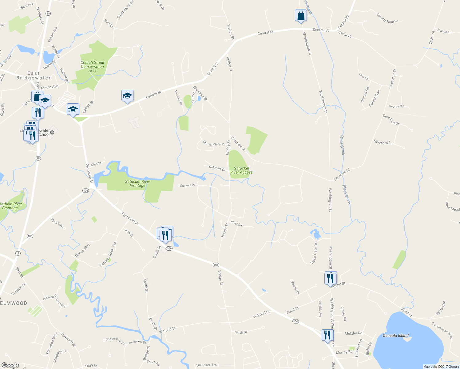 map of restaurants, bars, coffee shops, grocery stores, and more near 498 Bridge Street in East Bridgewater