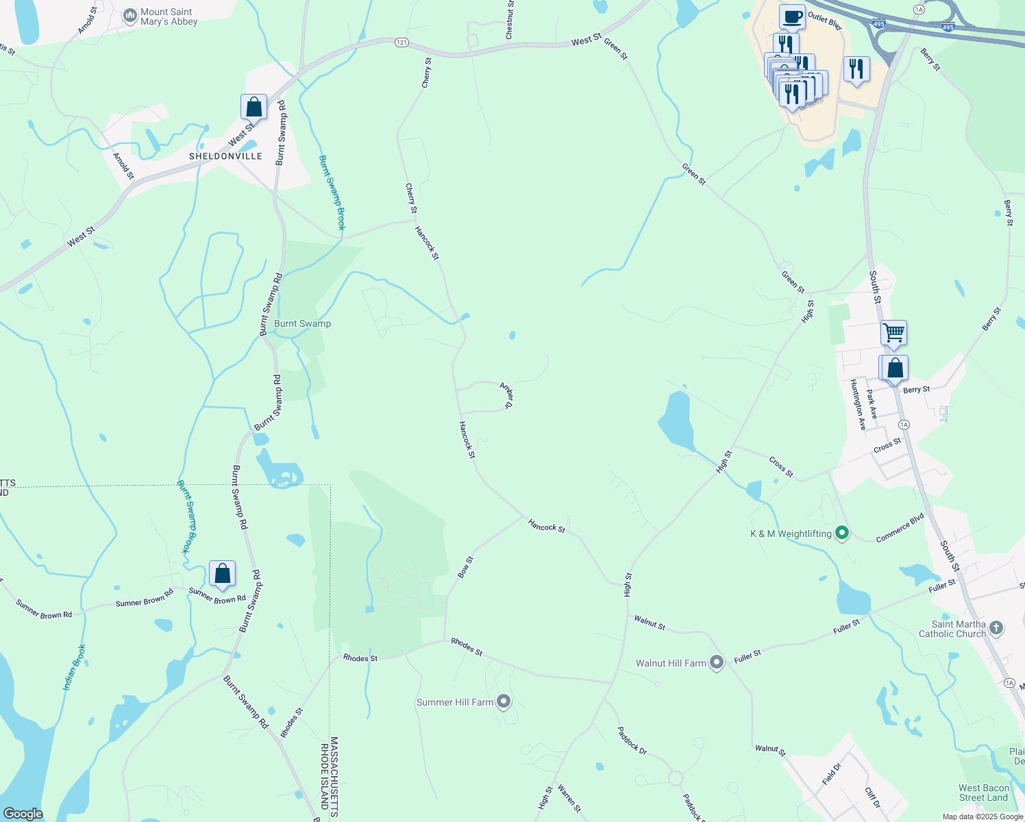 map of restaurants, bars, coffee shops, grocery stores, and more near 21 Amber Drive in Wrentham
