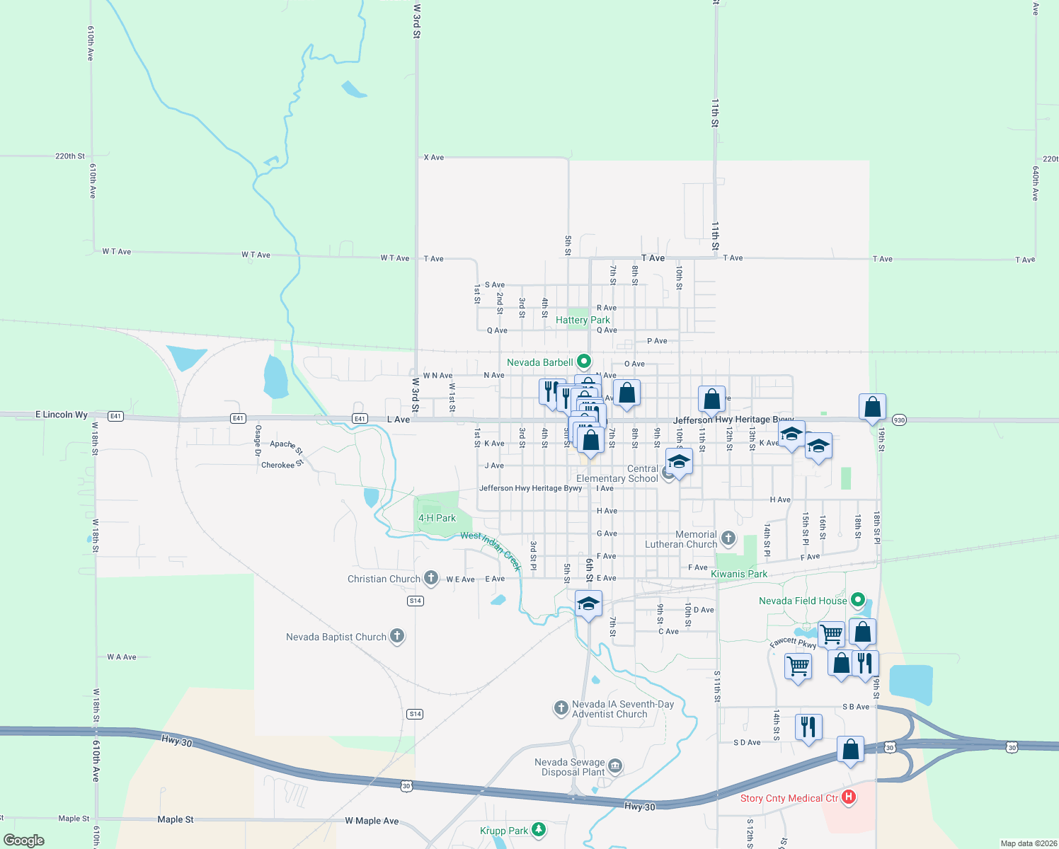 map of restaurants, bars, coffee shops, grocery stores, and more near 320 L Avenue in Nevada
