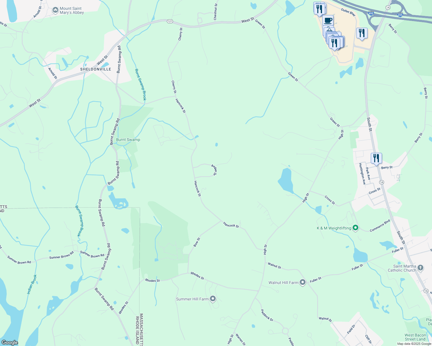 map of restaurants, bars, coffee shops, grocery stores, and more near 21 Amber Drive in Wrentham