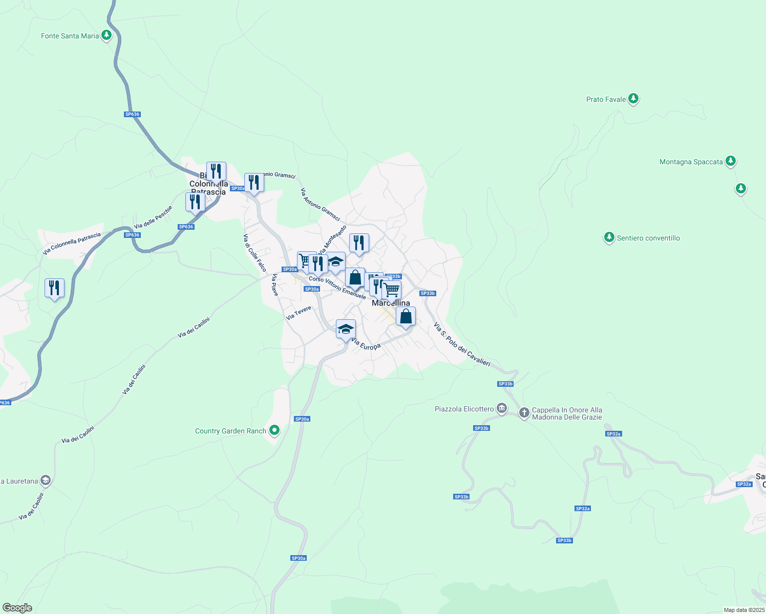 map of restaurants, bars, coffee shops, grocery stores, and more near Strada Provinciale 33b in Marcellina
