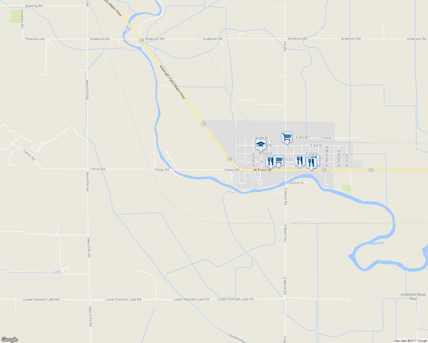 map of restaurants, bars, coffee shops, grocery stores, and more near 14520 Falvey Road in Merrill
