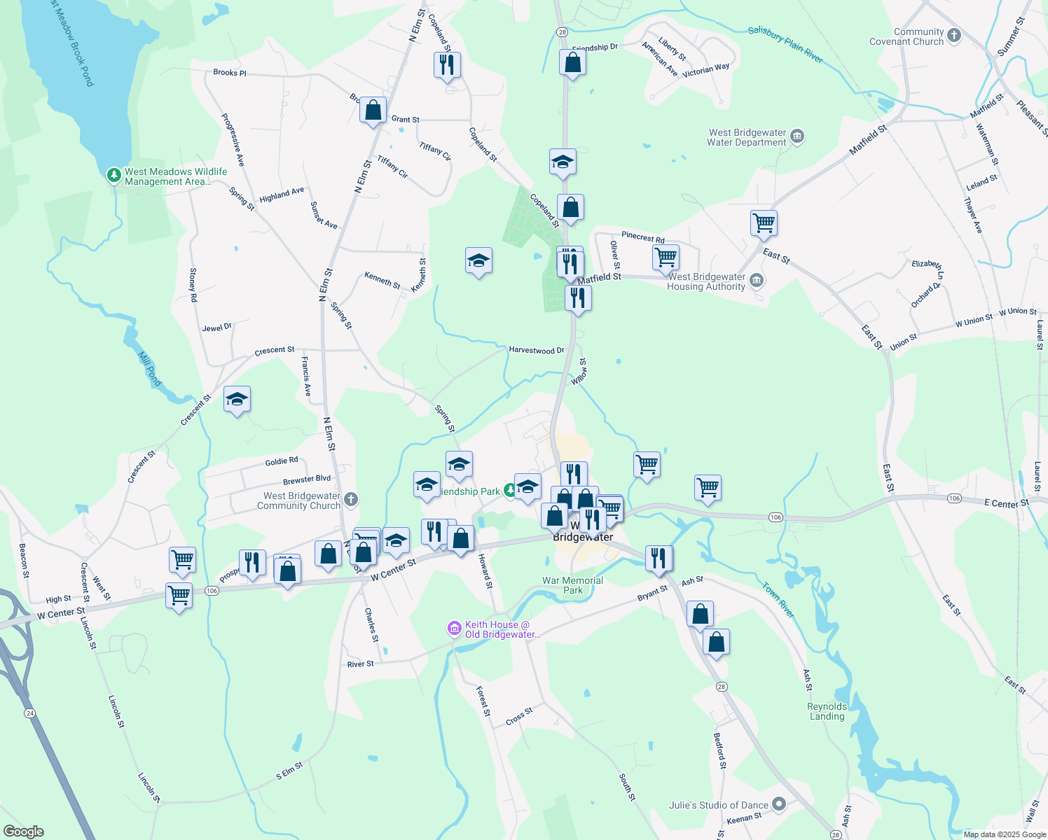 map of restaurants, bars, coffee shops, grocery stores, and more near 36 Commonwealth Avenue in West Bridgewater