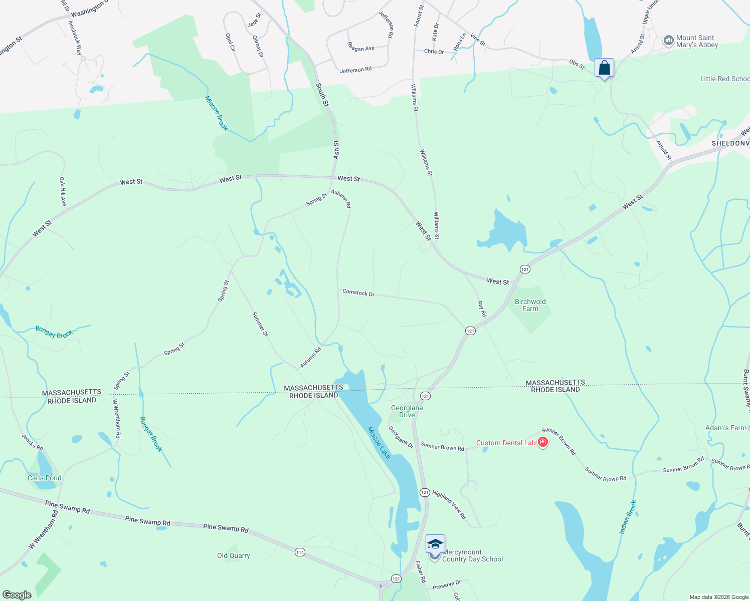 map of restaurants, bars, coffee shops, grocery stores, and more near 95 Comstock Drive in Wrentham