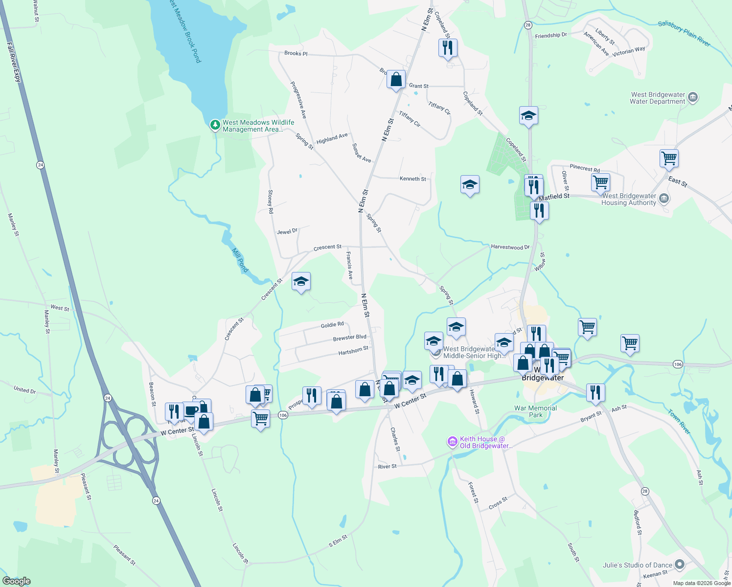 map of restaurants, bars, coffee shops, grocery stores, and more near 175 North Elm Street in West Bridgewater