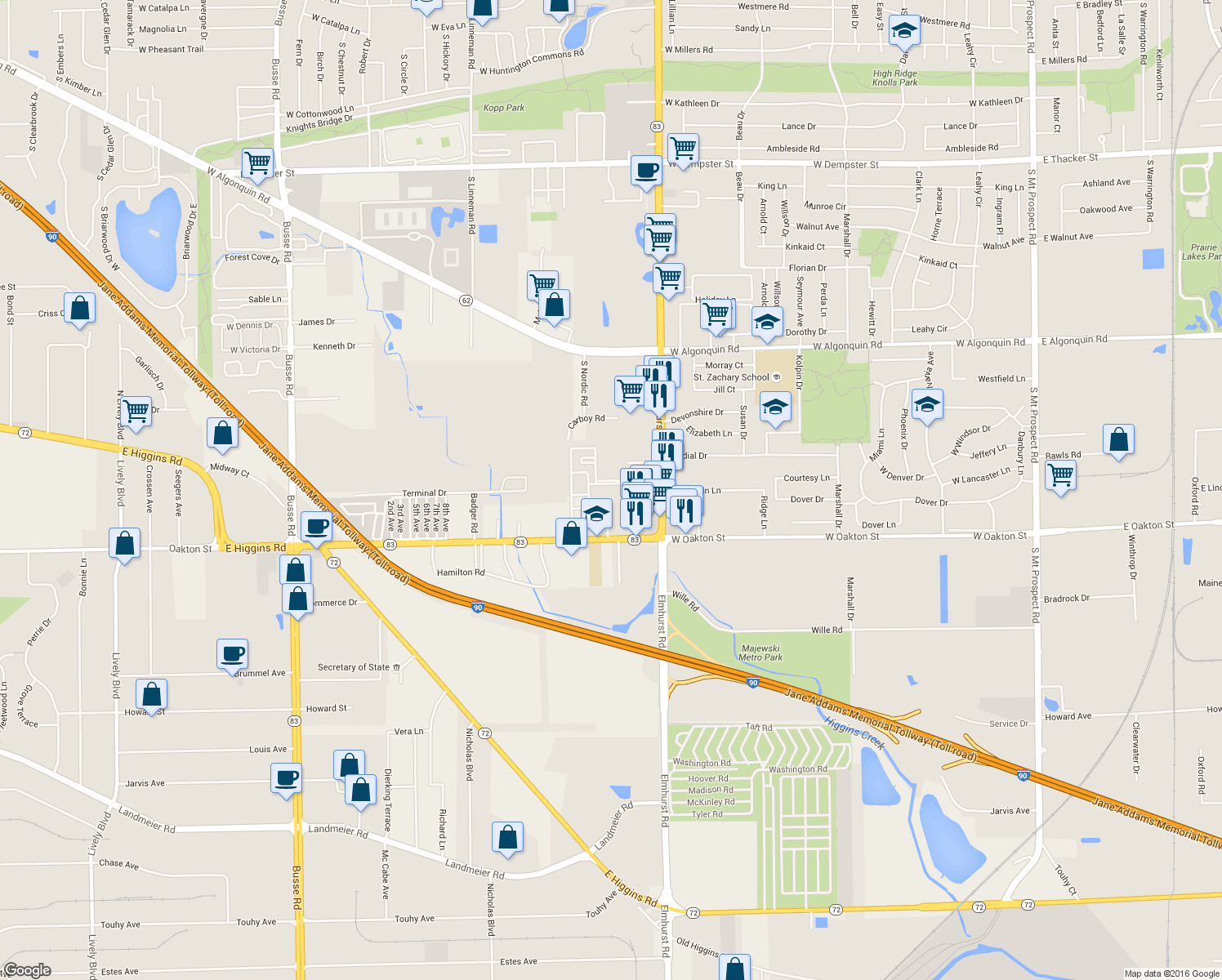 map of restaurants, bars, coffee shops, grocery stores, and more near 2318 South Cannon Drive in Mount Prospect