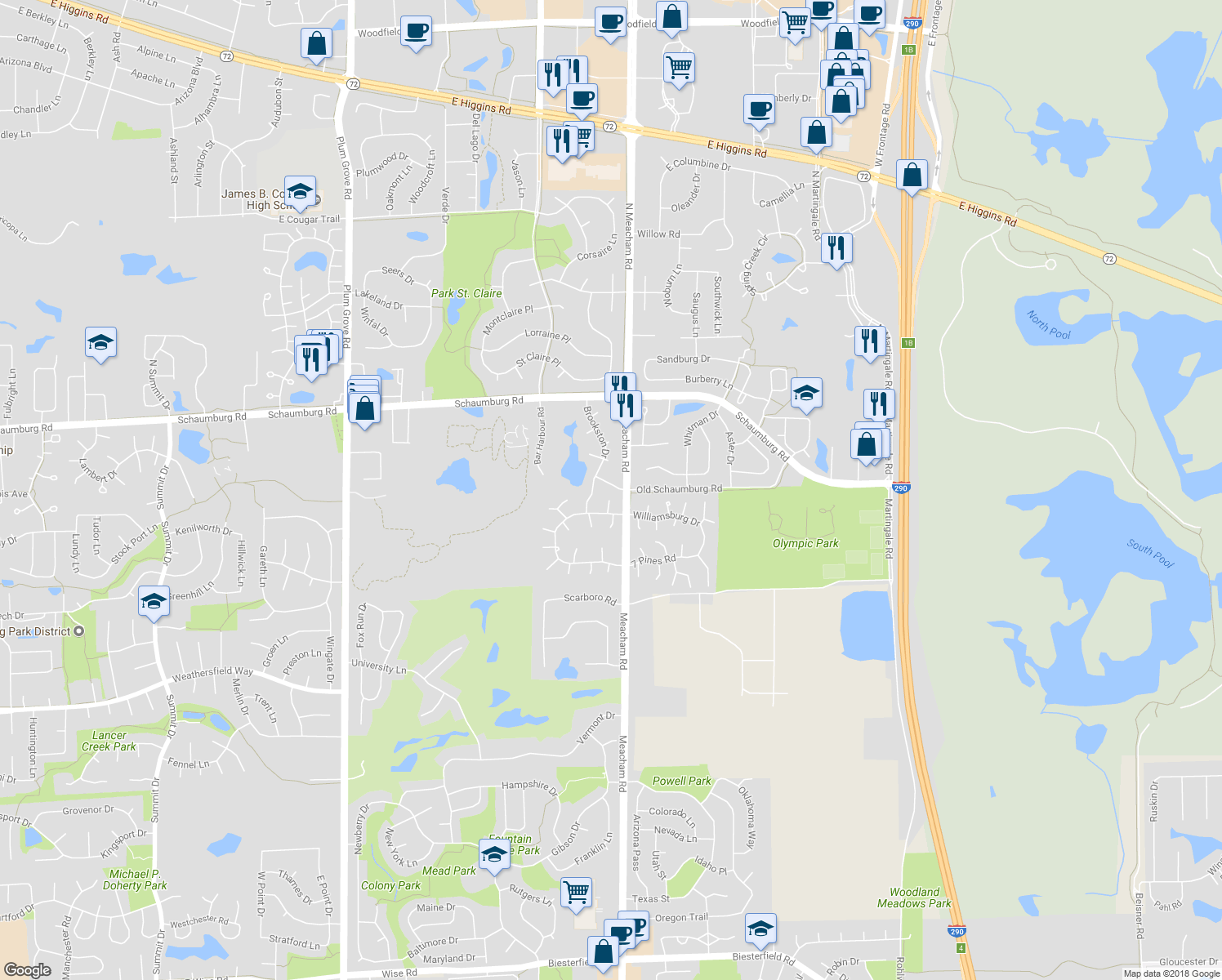 map of restaurants, bars, coffee shops, grocery stores, and more near 368 Ferndale Ct in Schaumburg