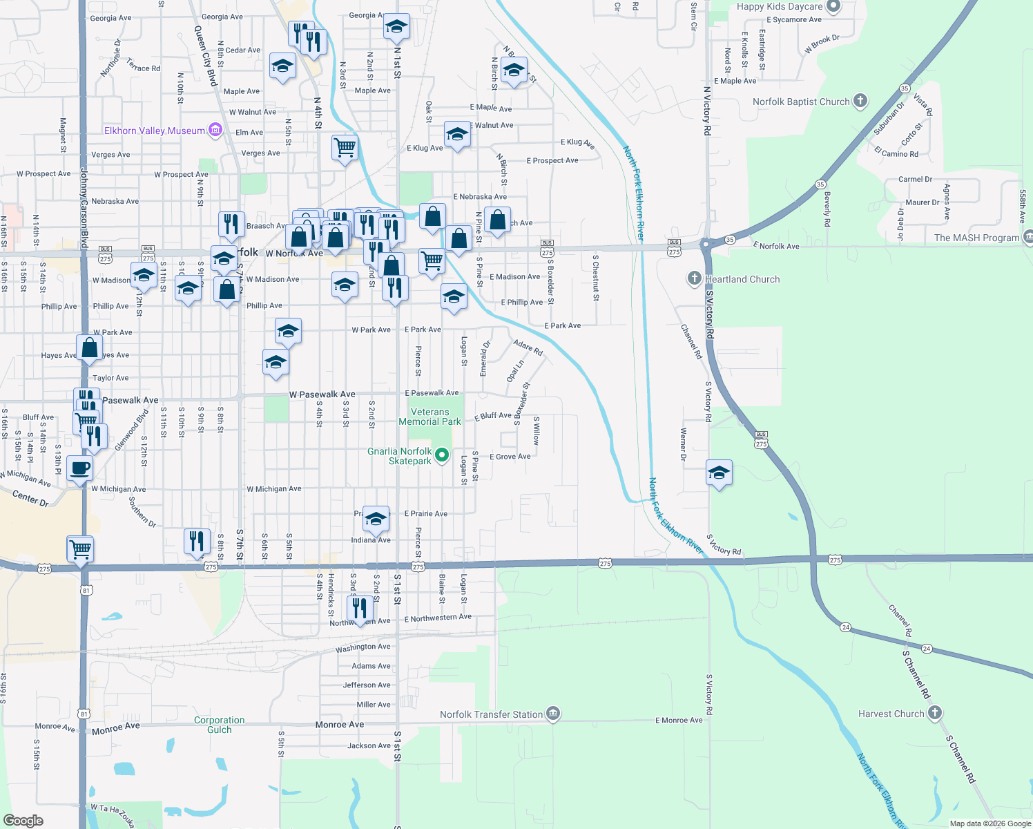 map of restaurants, bars, coffee shops, grocery stores, and more near 699 East Bluff Avenue in Norfolk