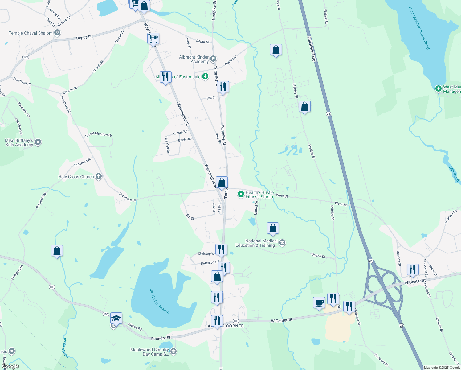 map of restaurants, bars, coffee shops, grocery stores, and more near 264 Turnpike St in Easton