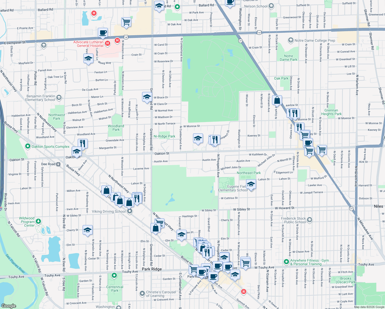map of restaurants, bars, coffee shops, grocery stores, and more near 725 Oakton Street in Park Ridge