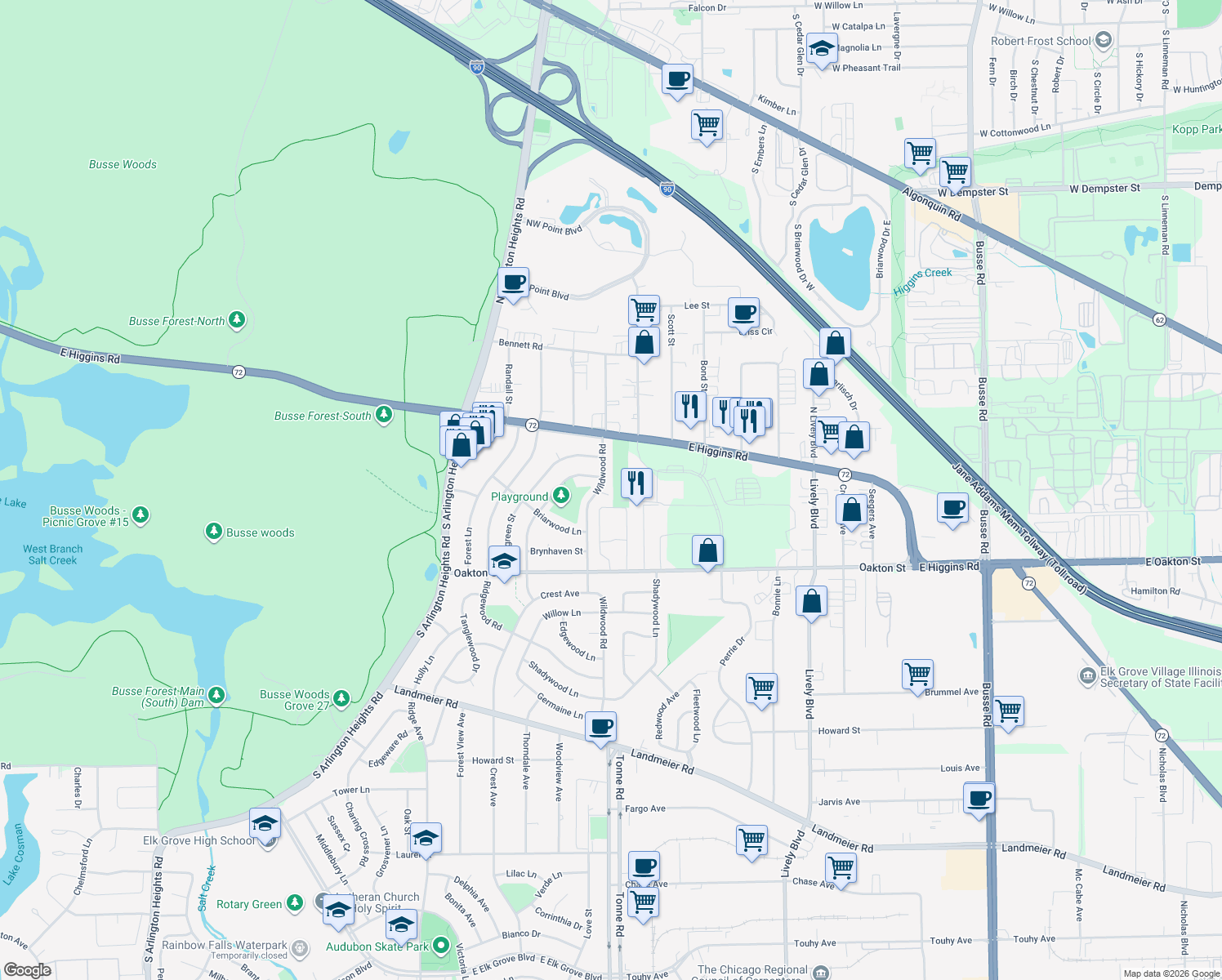 map of restaurants, bars, coffee shops, grocery stores, and more near 602 Lindale St in Elk Grove Village