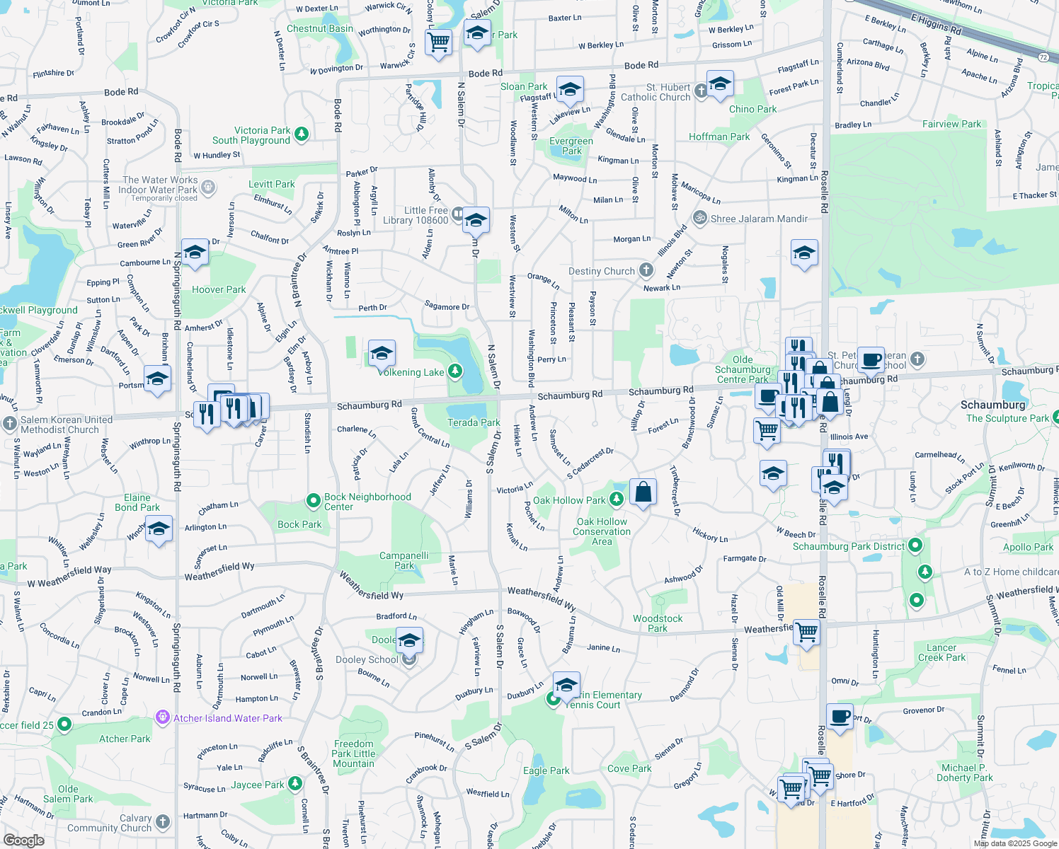 map of restaurants, bars, coffee shops, grocery stores, and more near 24 Andrew Lane in Schaumburg