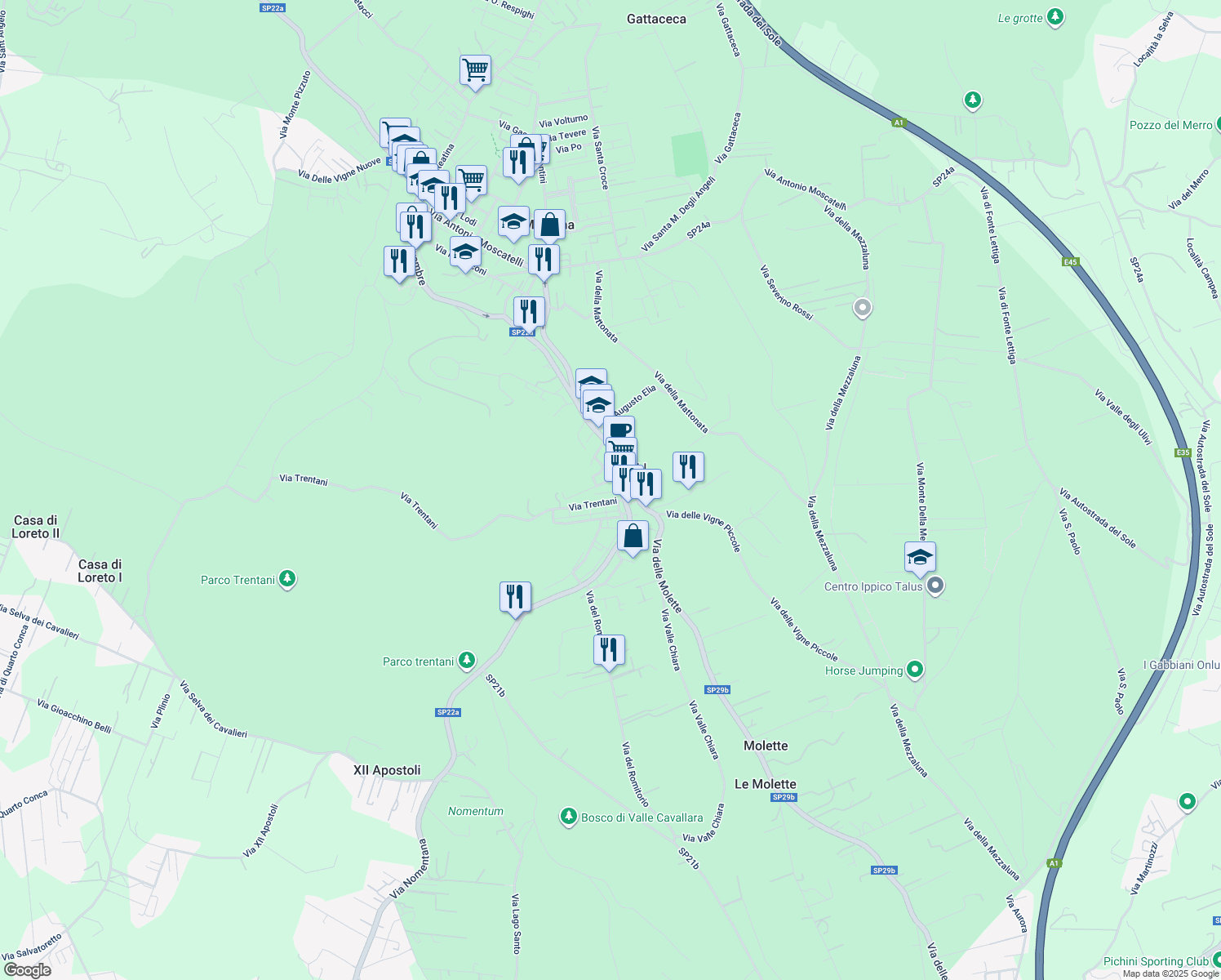 map of restaurants, bars, coffee shops, grocery stores, and more near 8 Via Firenze in Mentana