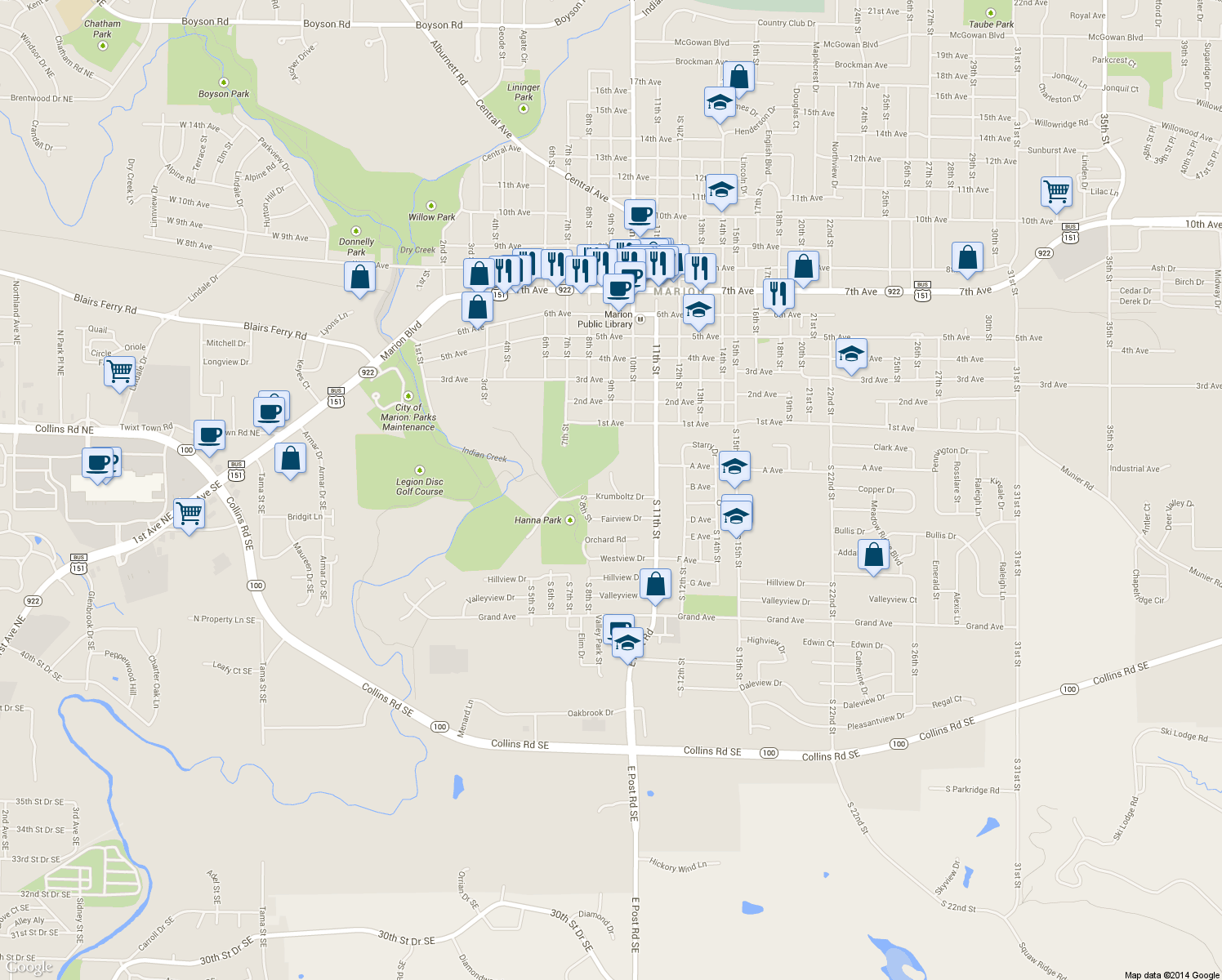 map of restaurants, bars, coffee shops, grocery stores, and more near 920 Krumboltz Drive in Marion