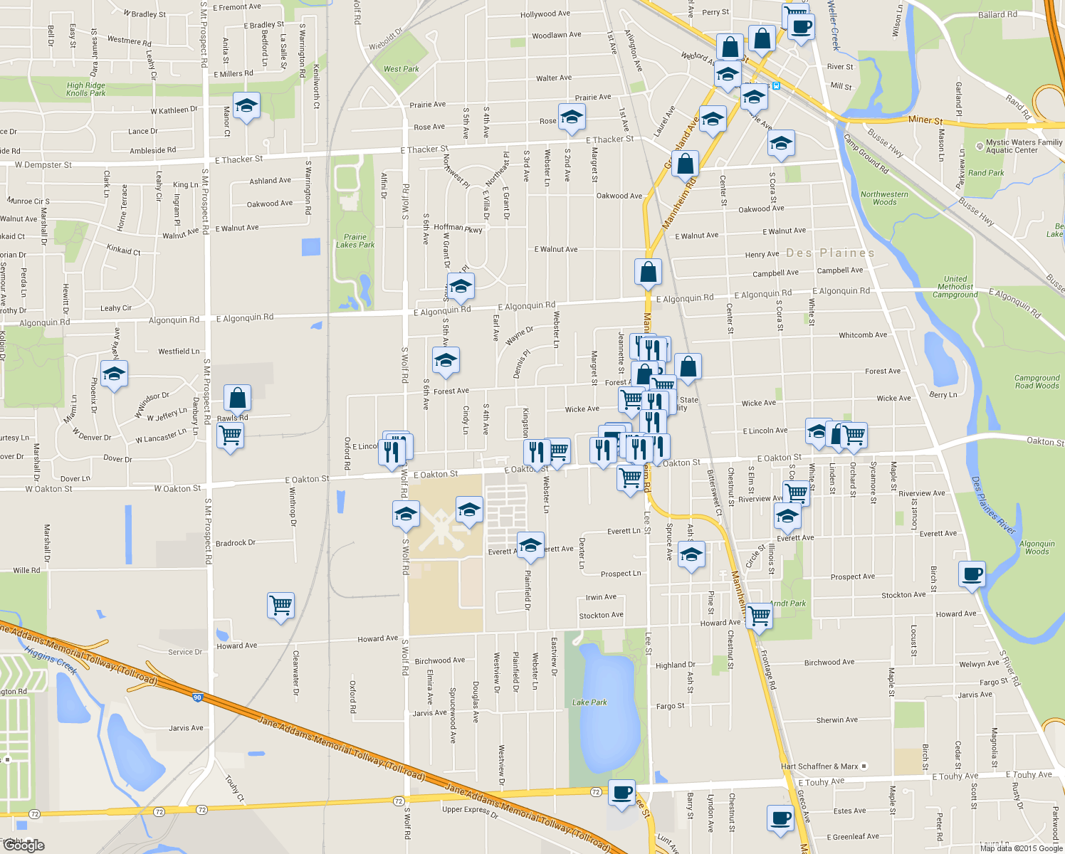 map of restaurants, bars, coffee shops, grocery stores, and more near 1497 Kingston Court in Des Plaines