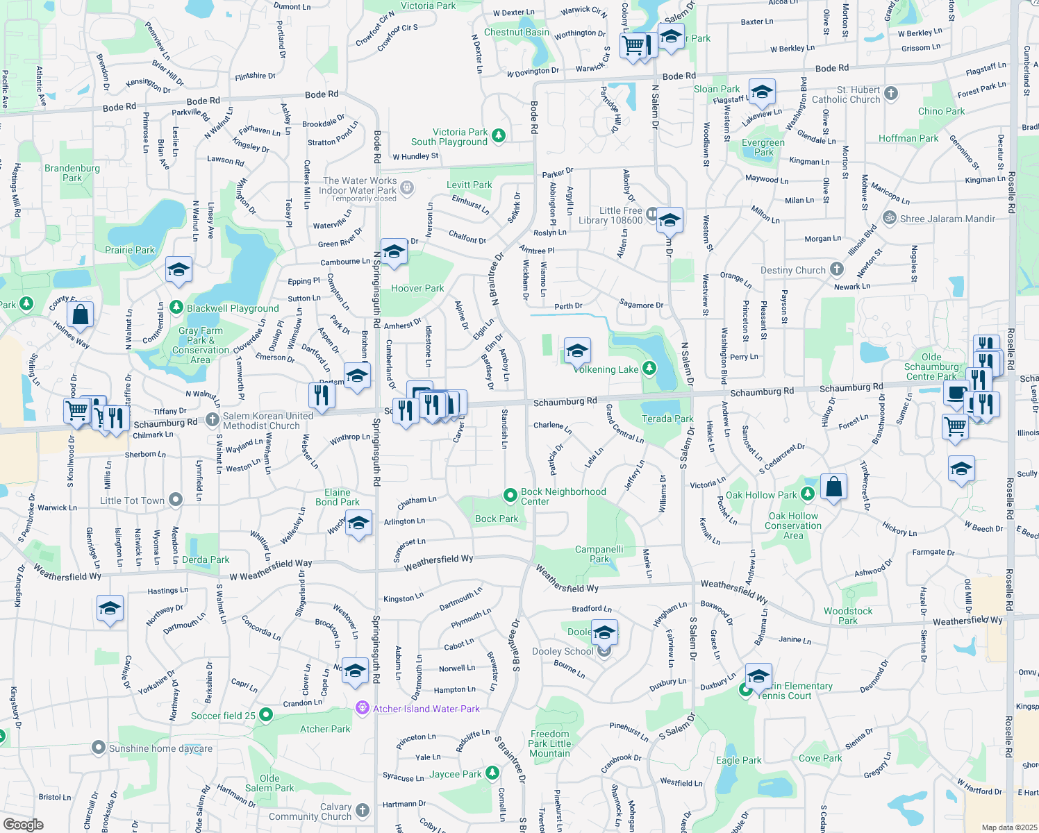 map of restaurants, bars, coffee shops, grocery stores, and more near 12 S Braintree Dr in Schaumburg