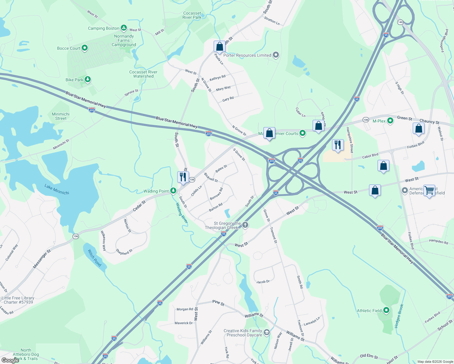 map of restaurants, bars, coffee shops, grocery stores, and more near 49 Borrows Rd in Foxboro