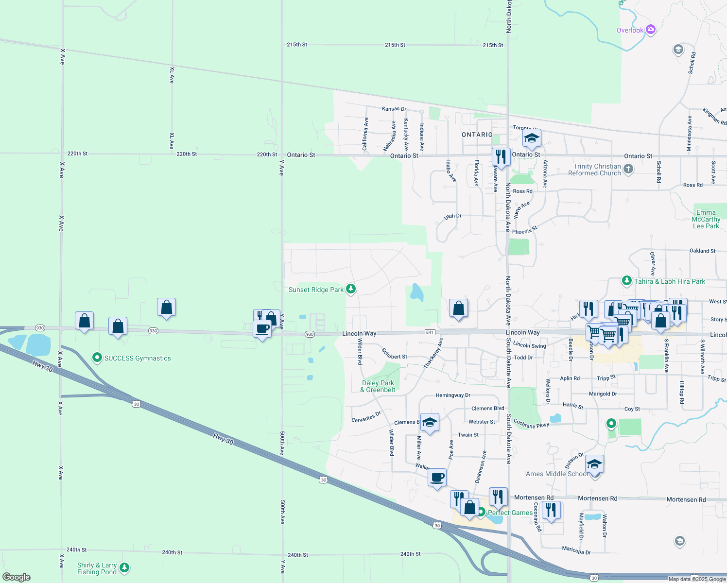 map of restaurants, bars, coffee shops, grocery stores, and more near 5421 Tabor Dr in Ames