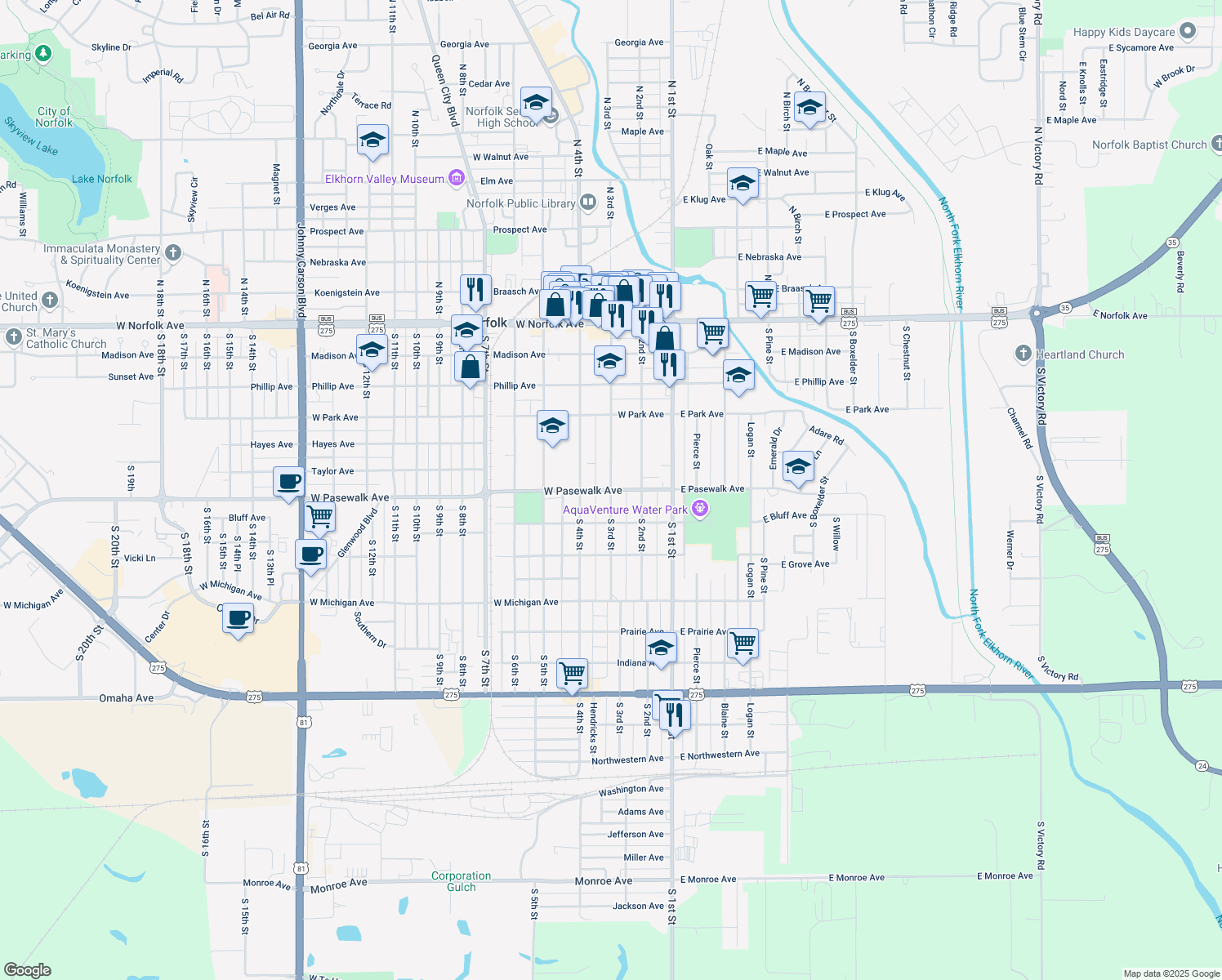 map of restaurants, bars, coffee shops, grocery stores, and more near 699 S 3rd St in Norfolk