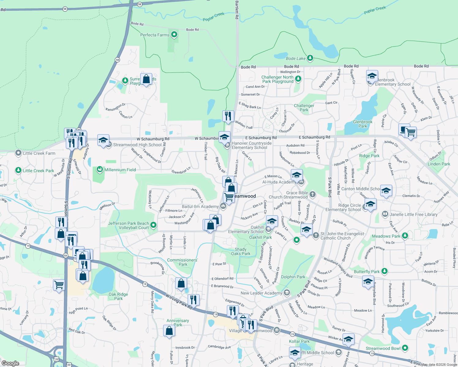 map of restaurants, bars, coffee shops, grocery stores, and more near 211 South Bartlett Road in Streamwood