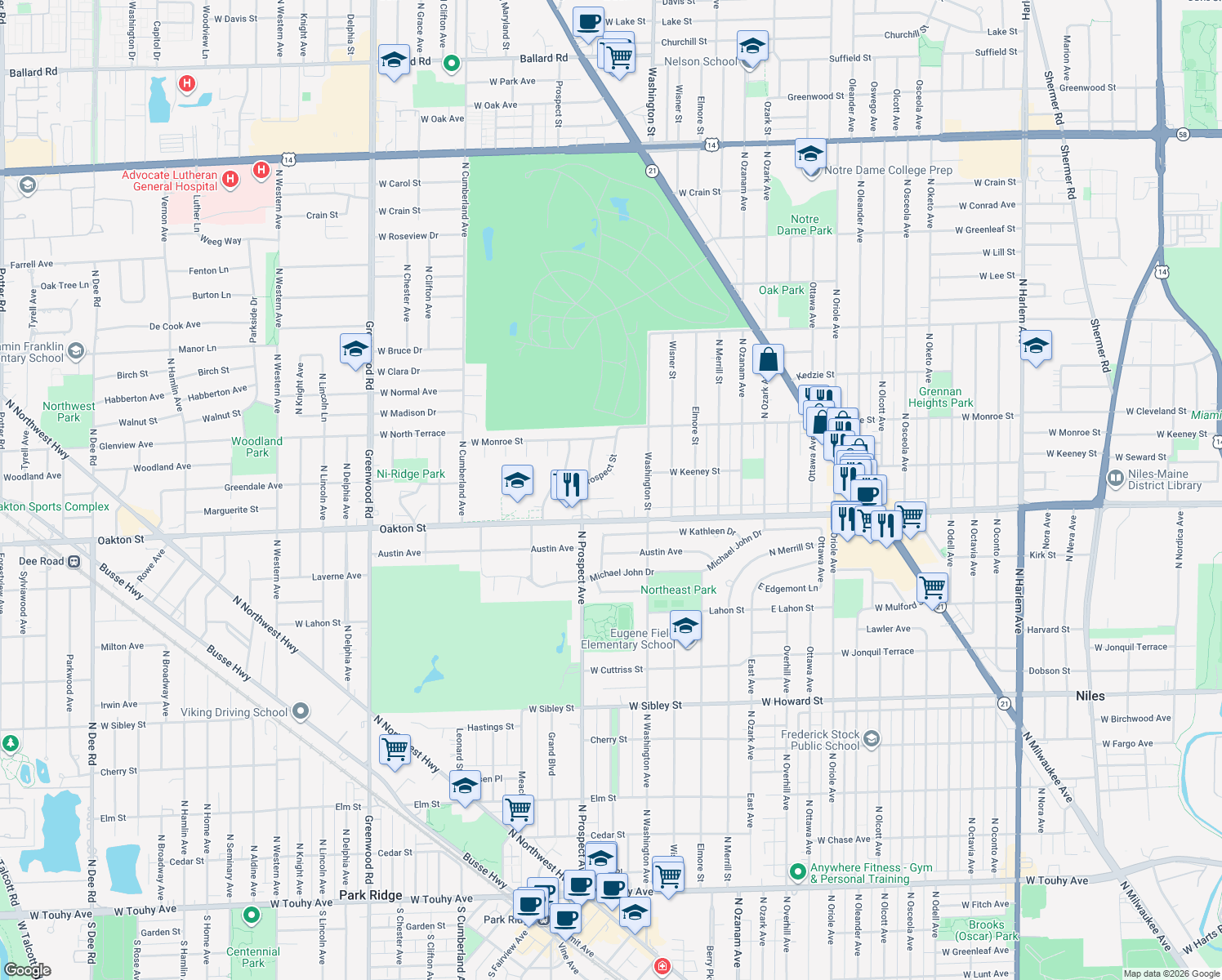 map of restaurants, bars, coffee shops, grocery stores, and more near 8048 West Prospect Court in Niles