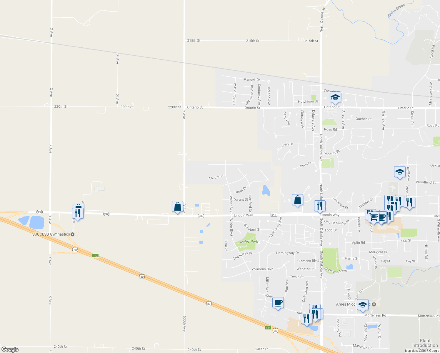 map of restaurants, bars, coffee shops, grocery stores, and more near 5617 Allerton Drive in Ames