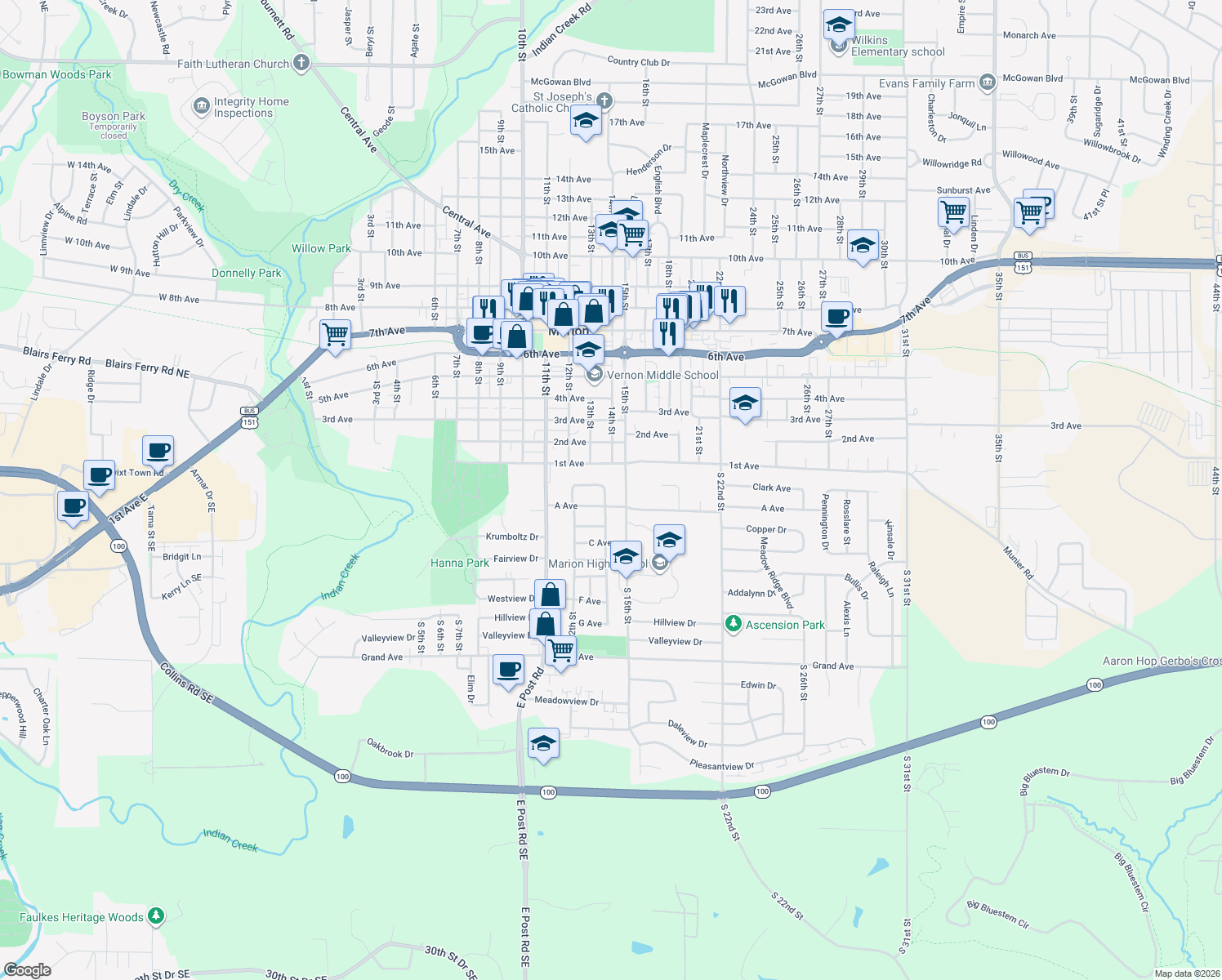 map of restaurants, bars, coffee shops, grocery stores, and more near 1384 Starry Dr in Marion