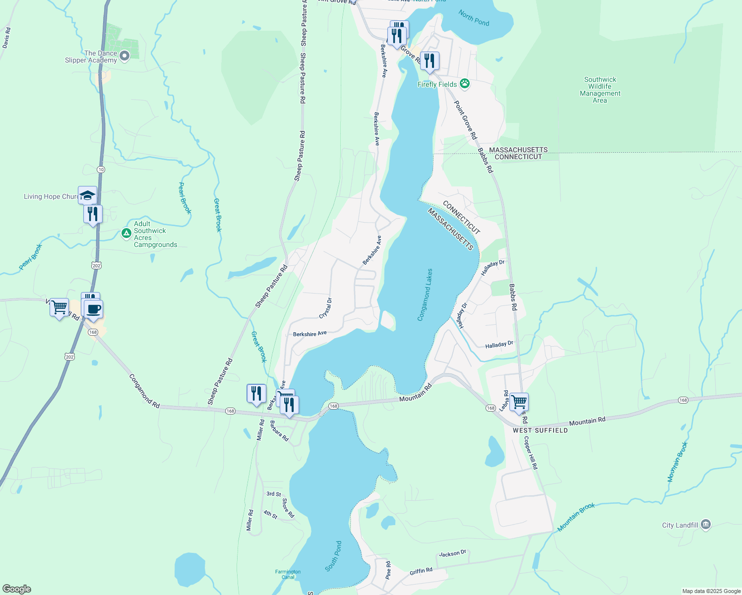 map of restaurants, bars, coffee shops, grocery stores, and more near 6 Evergreen Avenue in Southwick