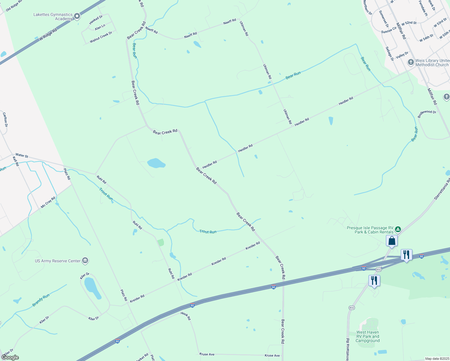 map of restaurants, bars, coffee shops, grocery stores, and more near 6301 Bear Creek Rd in Fairview