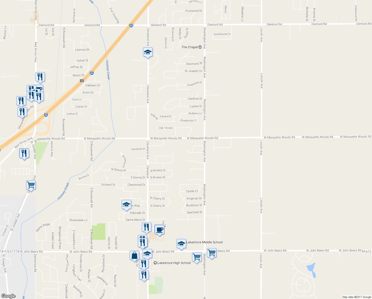 map of restaurants, bars, coffee shops, grocery stores, and more near 1316 Silver Creek Place in St. Joseph