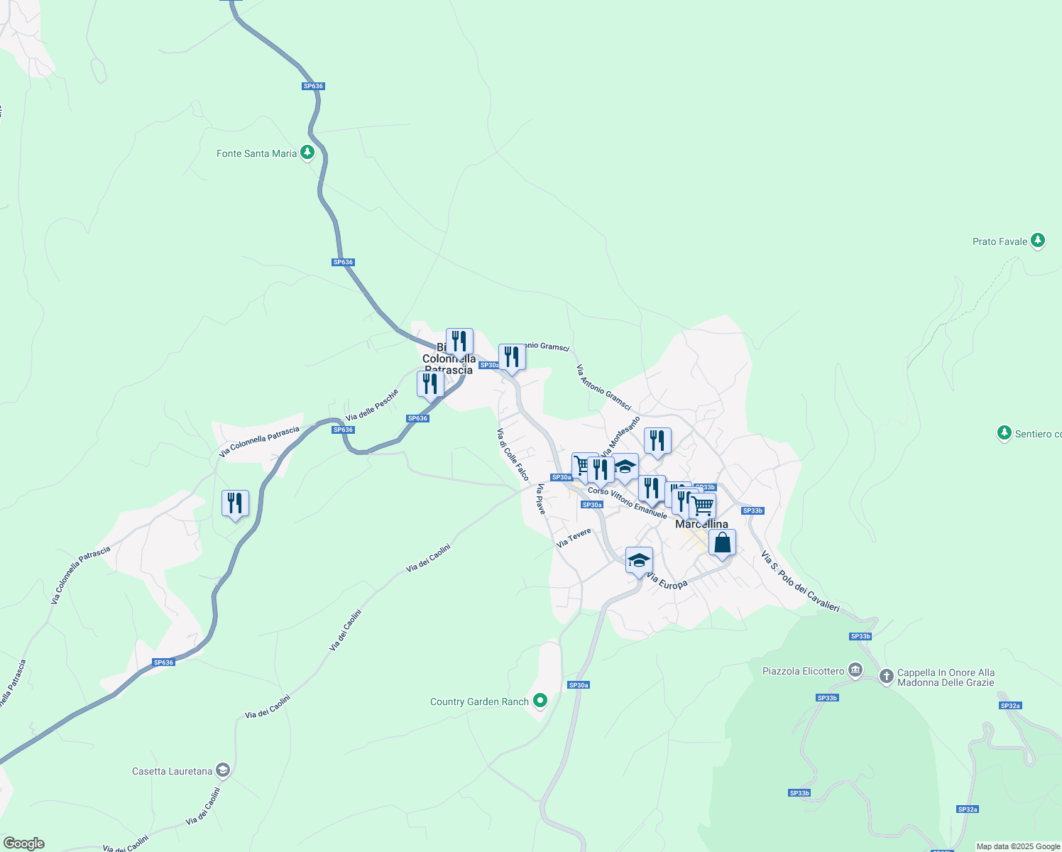 map of restaurants, bars, coffee shops, grocery stores, and more near 15 Via Roma in Marcellina
