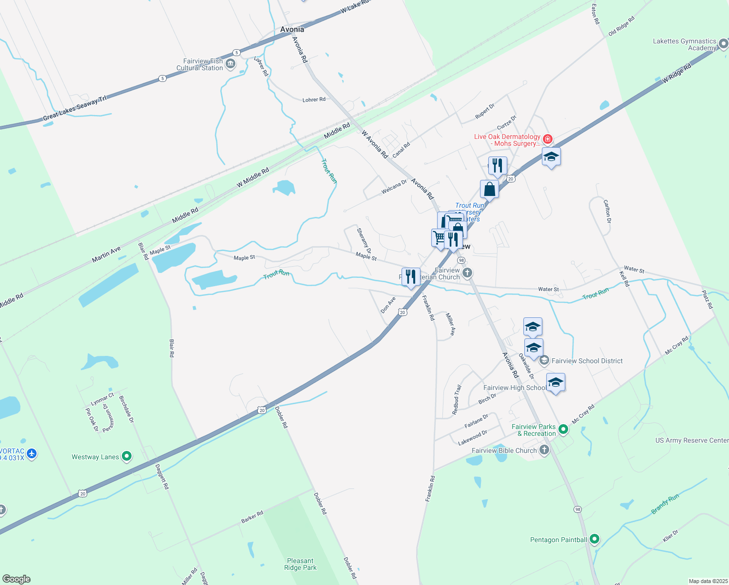 map of restaurants, bars, coffee shops, grocery stores, and more near 7763 Linda Ave in Fairview