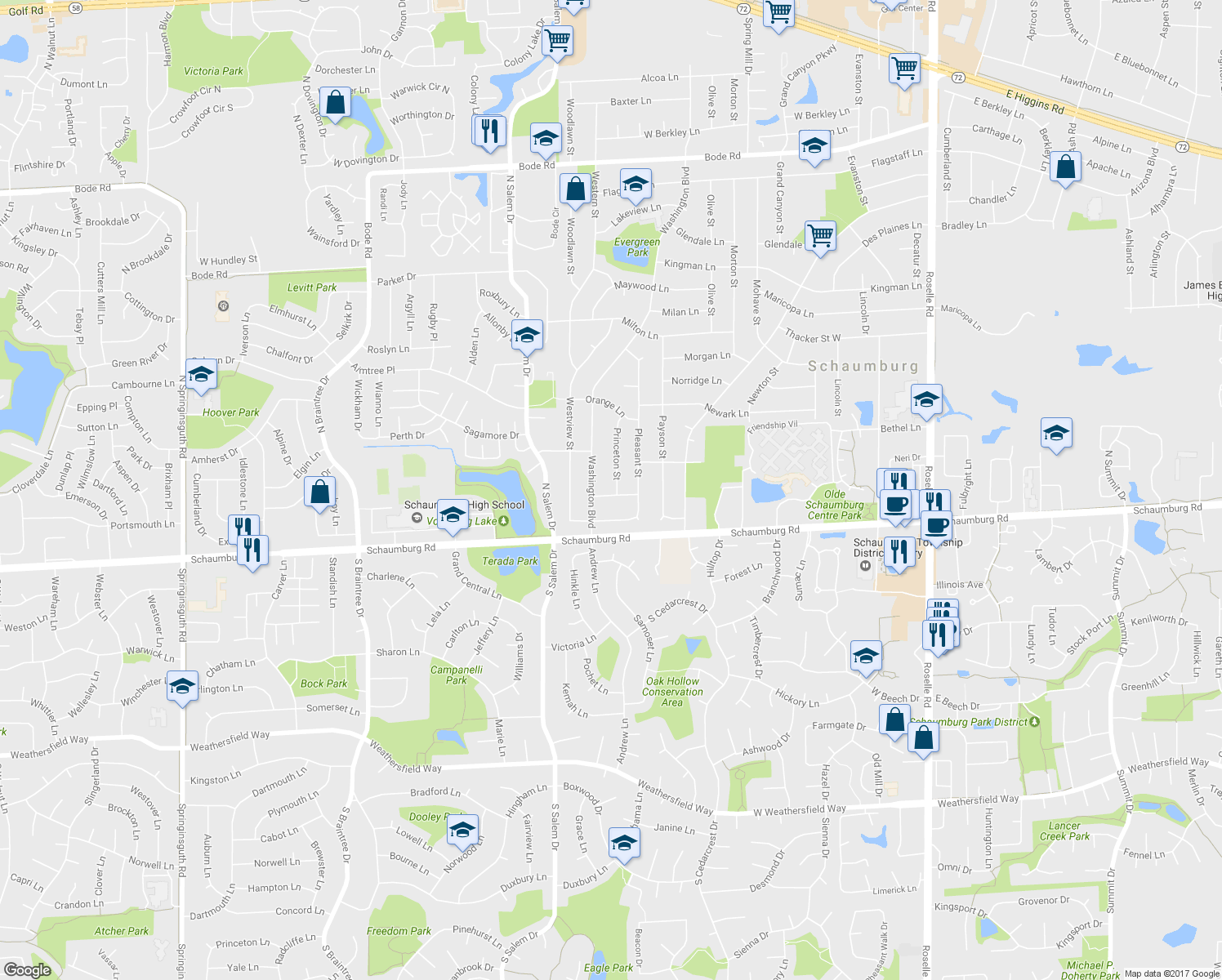 map of restaurants, bars, coffee shops, grocery stores, and more near 100 Princeton Street in Hoffman Estates